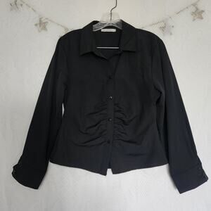 Mixray Women Large Black Classic Ruched Front Poplin Tuxedo Style Button Up Top